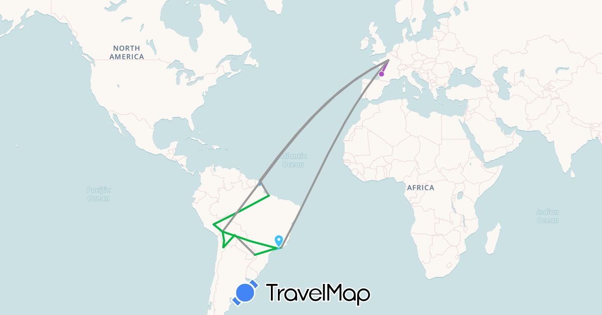 TravelMap itinerary: bus, plane, train, boat in Argentina, Bolivia, Brazil, France, French Guiana, Peru (Europe, South America)
